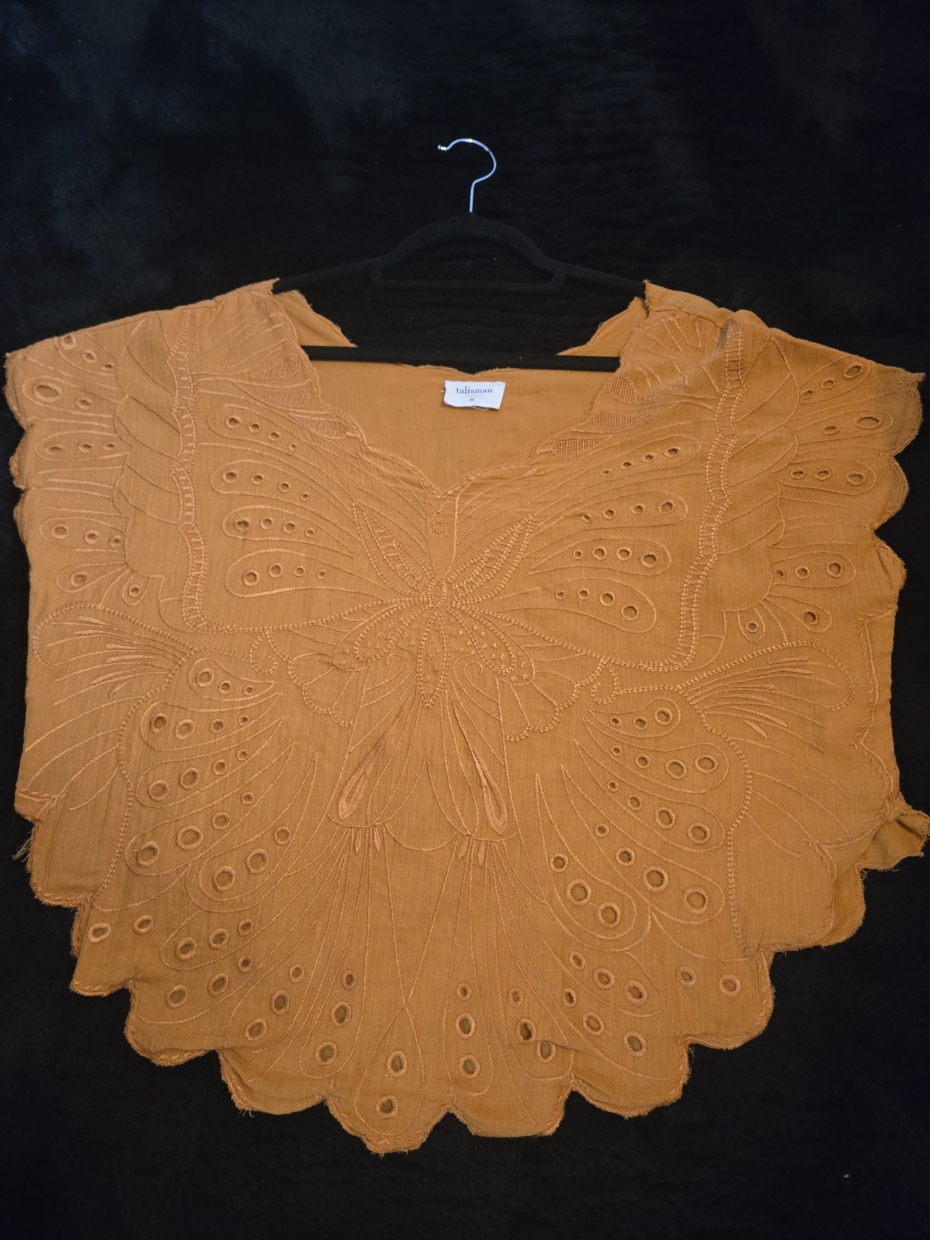 Talisman Medium Butterfly Embroidered Cotton Top Boho Lined Rust